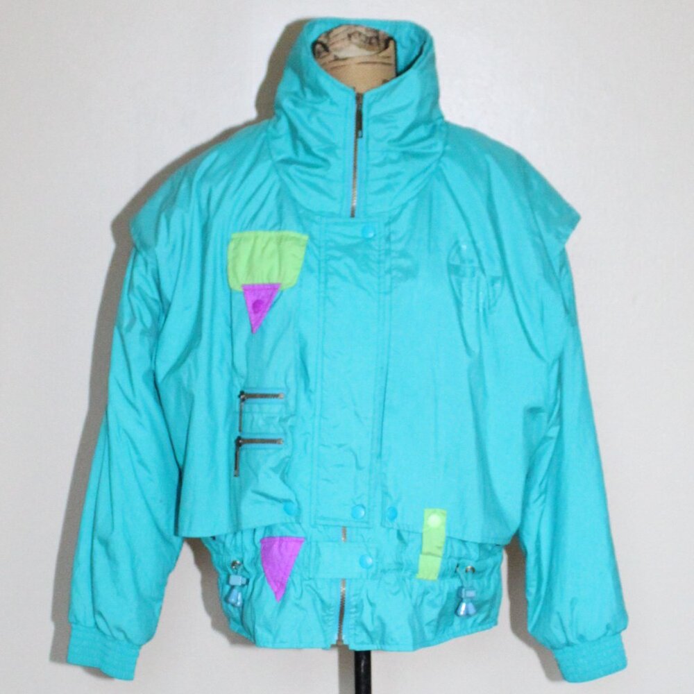 Vtg 80s 90s Serac Metallic Teal Green Fuchsia Winter Ski Jacket Coat Women's M/L
